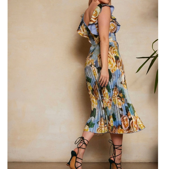 Chi Chi London Blue Floral Print Ruffle Pleated Midi Dress Size 16 - Picture 2 of 10